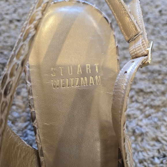 Womens Stuart Weitzman Size 7 Snake Skin Sling Back Peep Toe Heels Tan Cream - Picture 3 of 13